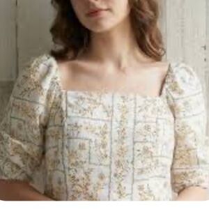 NWT Joie 100% Linen yellow Floral Puff Sleeve Blouse size Large cottagecore